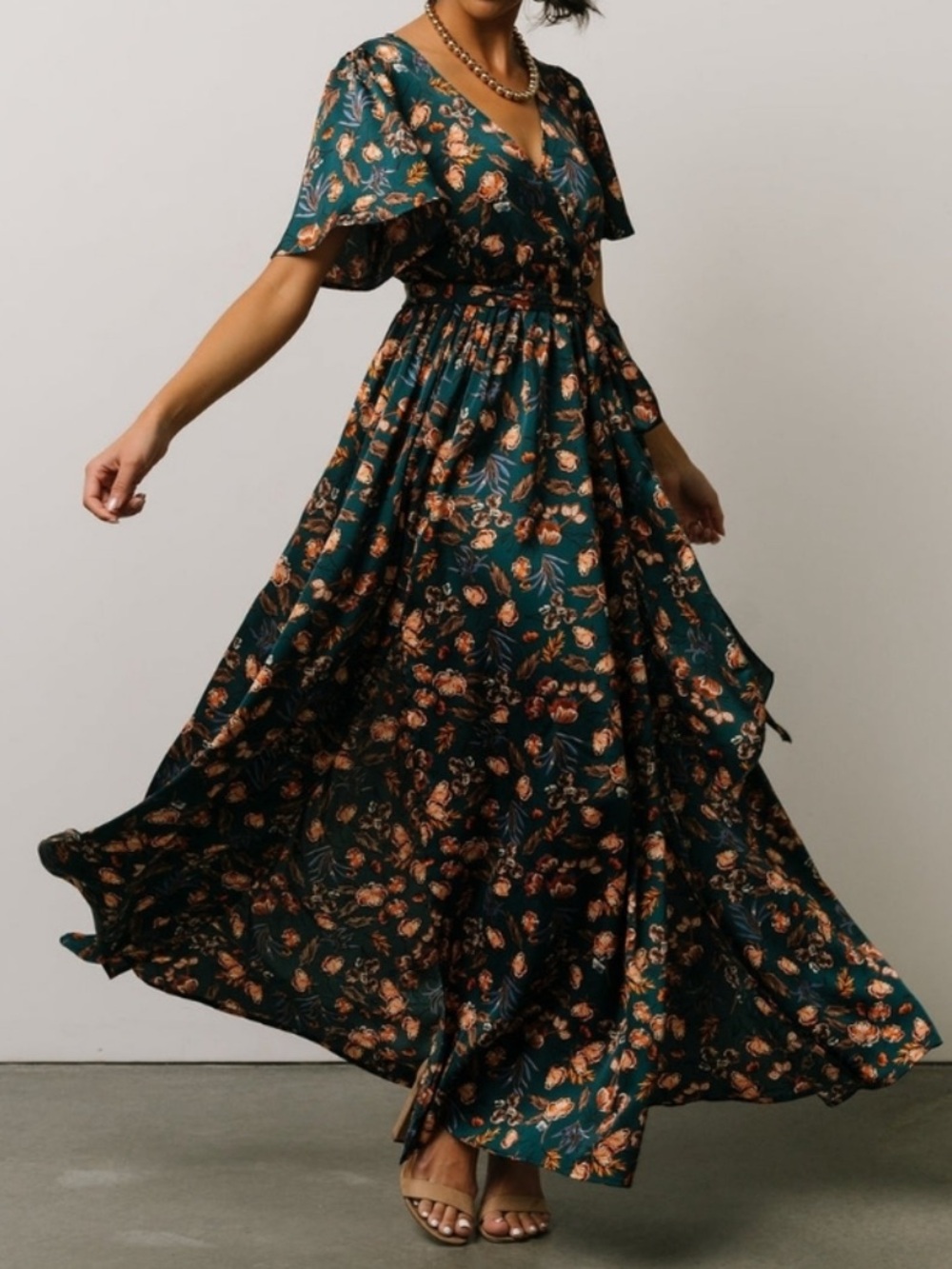 Baltic Born Jade Green Autumn Floral Wrap Maxi Dress XXXL Short Sleeve Tie Waist